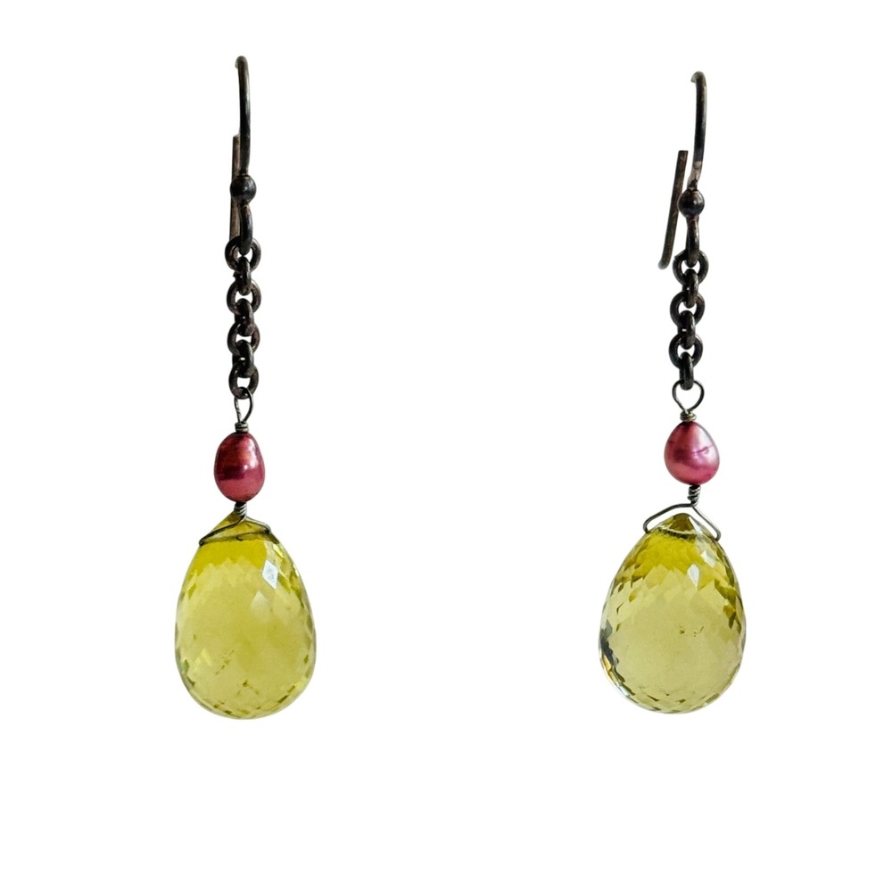 VTG Citrine‎ teardrop Freshwater Pearl Earrings natural sterling 925 Dangle hook